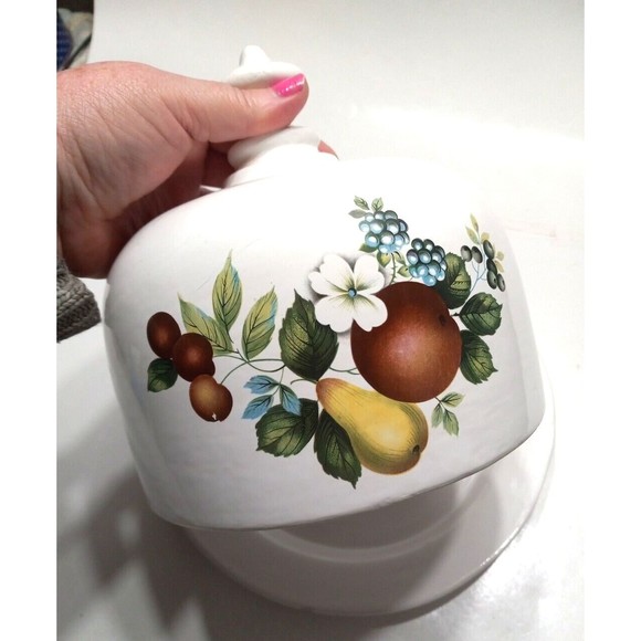 Vintage Cheese Butter Dish Domed Serving White Ceramic Fruits Florals - Picture 2 of 9